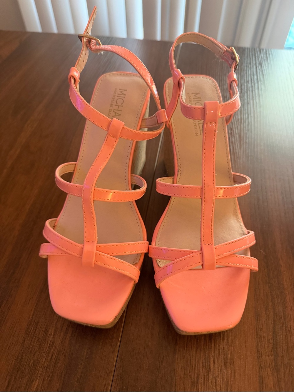 Michael Shannon Coral-Orange Strappy Block Heel Sandals